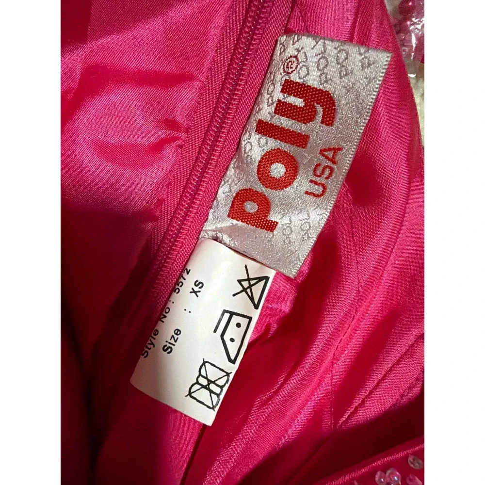 Poly USA Y2K Satin Gown | Hot Pink Beaded Halter | Prom Pageant Formal XS NWT